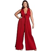 Women's Summer Casual Loose Tank Jumpsuit Sexy V Neck Front Tie Pleated Wide Legs Jumpsuit