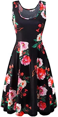 Mulysaa Womens Sleeveless Flare Floral Midi Dress, Beach Casual SkaterTank Dress (Black, Medium)