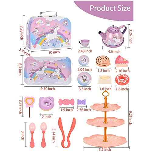 AM ANNA 48 PCS Toy Unicorn Tea Set for Little Girls, Princess Tea Party Play Toy Kid Tea Set Including Teapot,Cups, Plates, Dessert, Drinks & Carrying Case, Kitchen Pretend Play Toys(Unicorn Tea Set)
