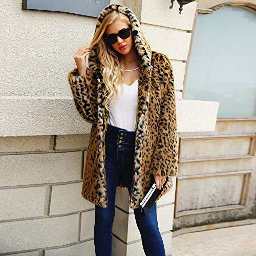 SO-WU Womens Overcoat, Ladies Hooded Warm Outerwear Faux Fur Leopard Print Winter Sweater Parka Coats (S=US 4, Black) - Thumbnail 5