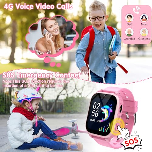 4G Children's Smartwatch with GPS and Calls, Video/Voice Chat/WiFi SMS, School Mode, Games, Alarm Clock, Flashlight, IP68, Bracelet Locator for Children Birthday and Christmas Gift