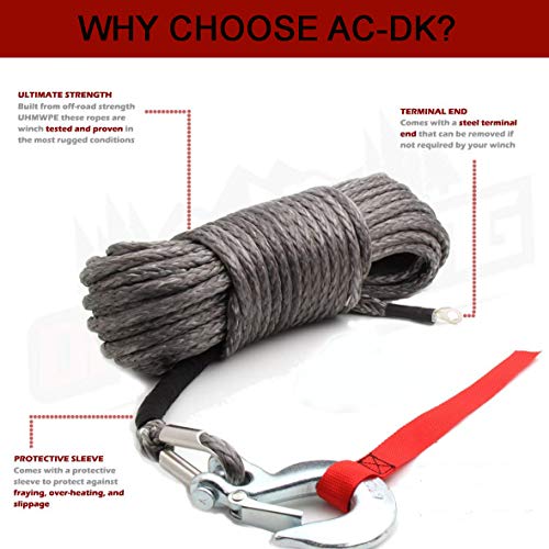 AC-DK Synthetic Winch Rope with Hook Grey Color - Size 3/16" x50 ft - 1/4" X 50 ft - 3/8" X 100 ft - for SUV ATV UTV Winch Recovery Truck Boat Trailer and Off Road (3/8" X 100 ft-Grey)