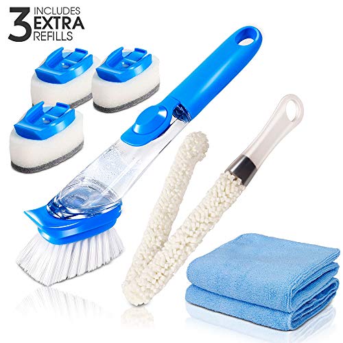 Kitchen Cleaning Brush Set Tools Dish Brush Cleaning Brush with Replacement Head (1 Bristles +3 Sponge Heads),Bottle Cleaning Brush,2 x Microfiber Cloths, for Kitchen or Bathroom Household