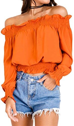 Women's Off Shoulder Crop Tops Blouses Lettuce Trim Casual Shirts New Summer Cold Silk Tunic,Orange,Size L:Bust:27.6''-37.8'', Waist:24.2''-29.9''