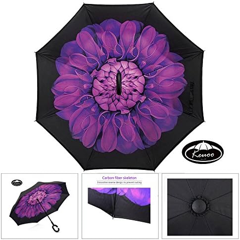 KEUOO Travel Inverted Umbrella for Driver C-Hook Reverse Hands Free Umbrella (Violet Flower)