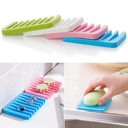 PETRICE Pack of 2 Soap Dish Silicone Soap Holder, Shower Soap Saver with Drain Waterfall, Keep Soap Bars Dry & Clean, Easy Cleaning (Colour May Vary).
