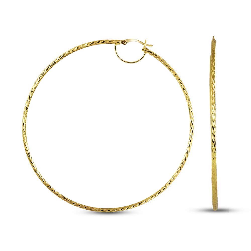 Charmsy 925 Sterling Silver Elegant 925 LARGE Sterling Silver Diamond-Cut Gold-Plated Hoop Earrings Italian Design Click-Top for Women 70 MM | Lightweight Silver Earrings Jewellery Gift for Women