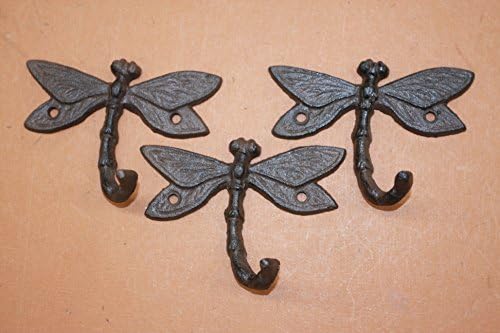 Rustic Cottage Dragonfly Deisgn Bath Towel Hooks Powder Coat Brown Cast Iron, 3 1/4 inch tall, H-90, Set of 3
