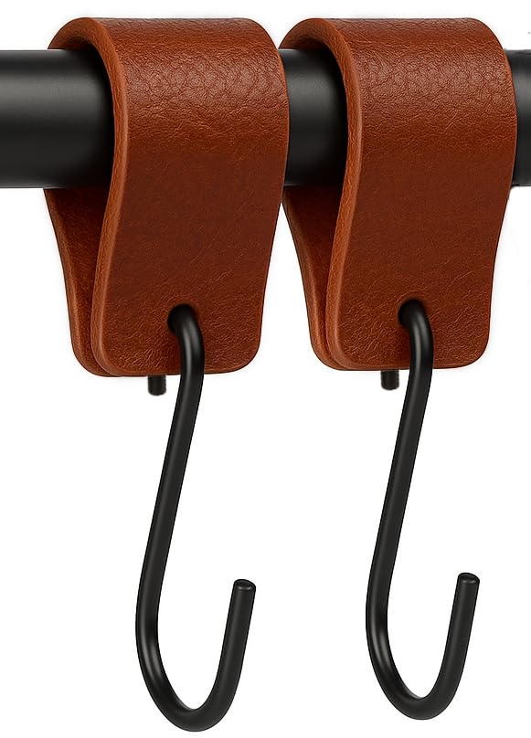 Brute Strength - Leather S Hooks for Hanging - Cognac - 2 Pieces - Incl. Silver & Black Hooks for Hanging Coats, Cups, Towels, Kitchen Leather s-Hooks
