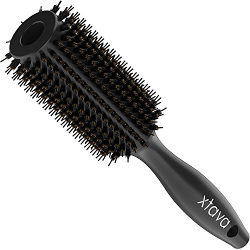 xtava 33mm Double Bristle Round Hair Brush with Natural Soft Boar Bristle and Nylon - Volumizing and Detangling Wooden Barrel Brush for Fine, Thick or Curly Hair - Professional Salon Styling Quality