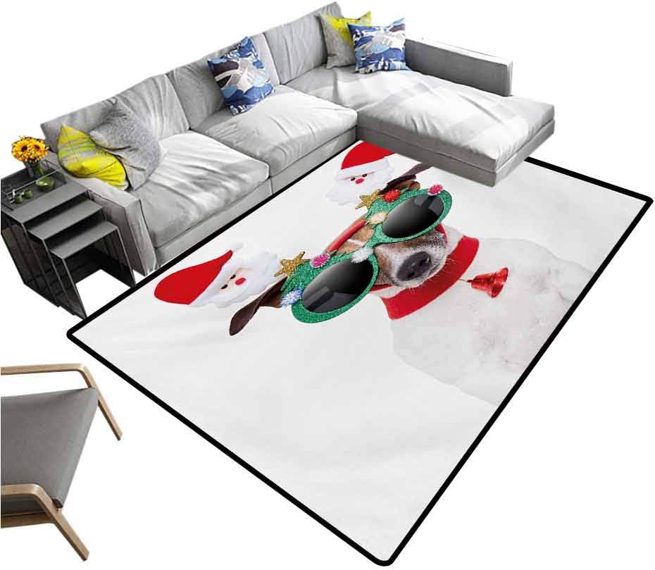 Christmas Rug Pad Funny Puppy Jack Russel Dog with Hilarious Sunglasses Santa Figures and Bell Rugs Mat for Living Room Bedroom Multicolor (4'x6')