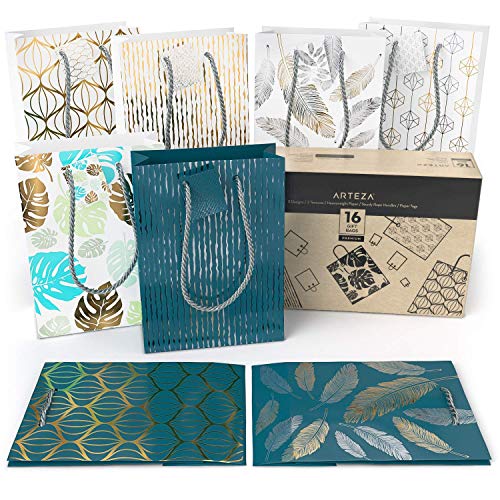 image for ARTEZA Gift Bags, Set of 16 with an Assortment of 5 Unique Metallic Fo