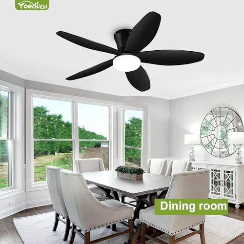 Yoedivu Black Ceiling Fan with Light, 42 Inch Low Profile Flush Mount Ceiling Fan 6-Speed Wind, Quiet Reversible DC Motor, 3 Color Dimmable Lighting, Small Ceiling Fan for Living Room/Kitchen/Bedroom