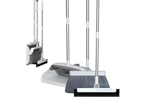 3 Pcs Broom and Dustpan Set, 180° Rotating Broom, Broom with Dustpan & Floor Squeegee, Upright Standing Dust Pan Set for Home