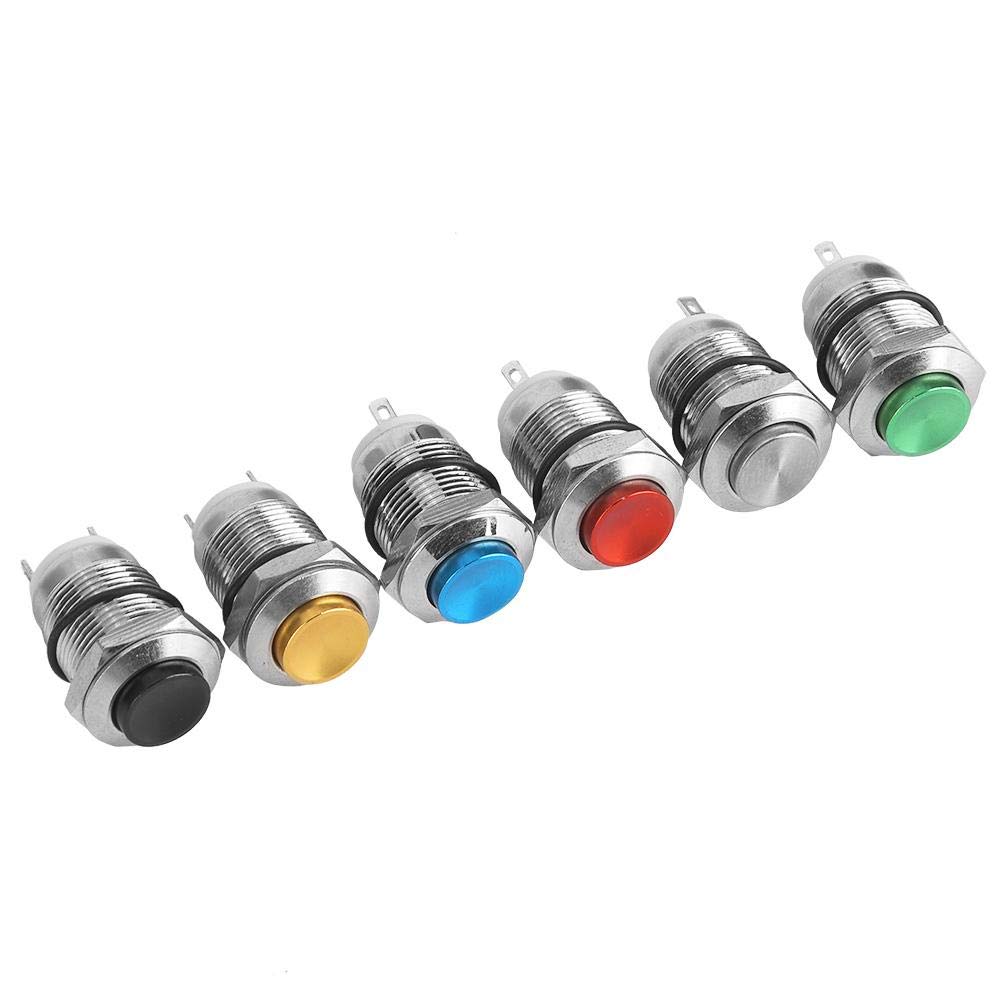 Momentary Push Button Switches 12mm IP67 Waterproof Metal Button without Light 2A/250VAC - 6Pcs (Blue, Green, Black, Red, Yellow, Metallic)