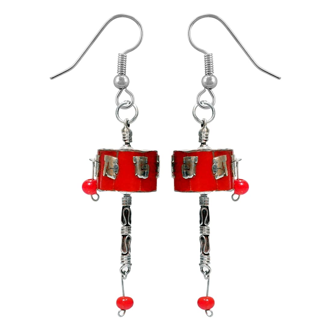 coral gemstone chip inlay dangle drop earrings for women boho ethnic tribal gypsy fashion earrings handmade by artisans