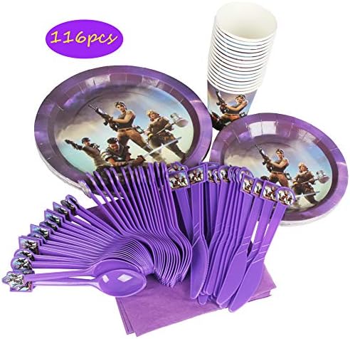 Video Game Party Supplies for Vedio Themed party Serves 16 with 16pcs Plates, Round 7 and 9 inch Dessert Paper Appetizer Plates,16pcs Cups, 16pcs Napkins and 16cs Forks, Knives, Spoons For Video Game Save the World