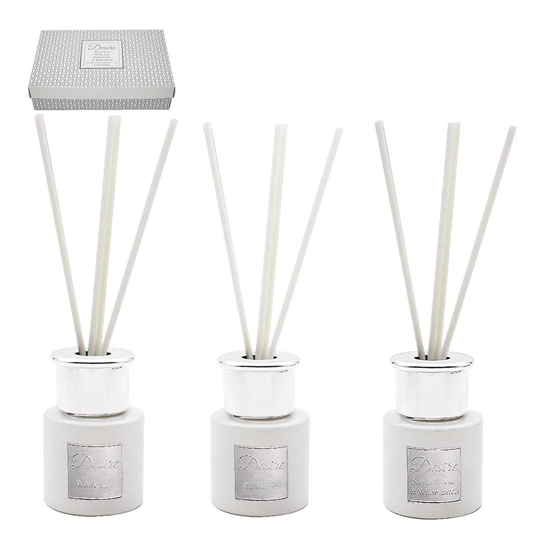 Desire Set Of 3 Diffusers, Pure Linen, White Lily Sandalwood & White Birch Fragrance By Lesser & Pavey