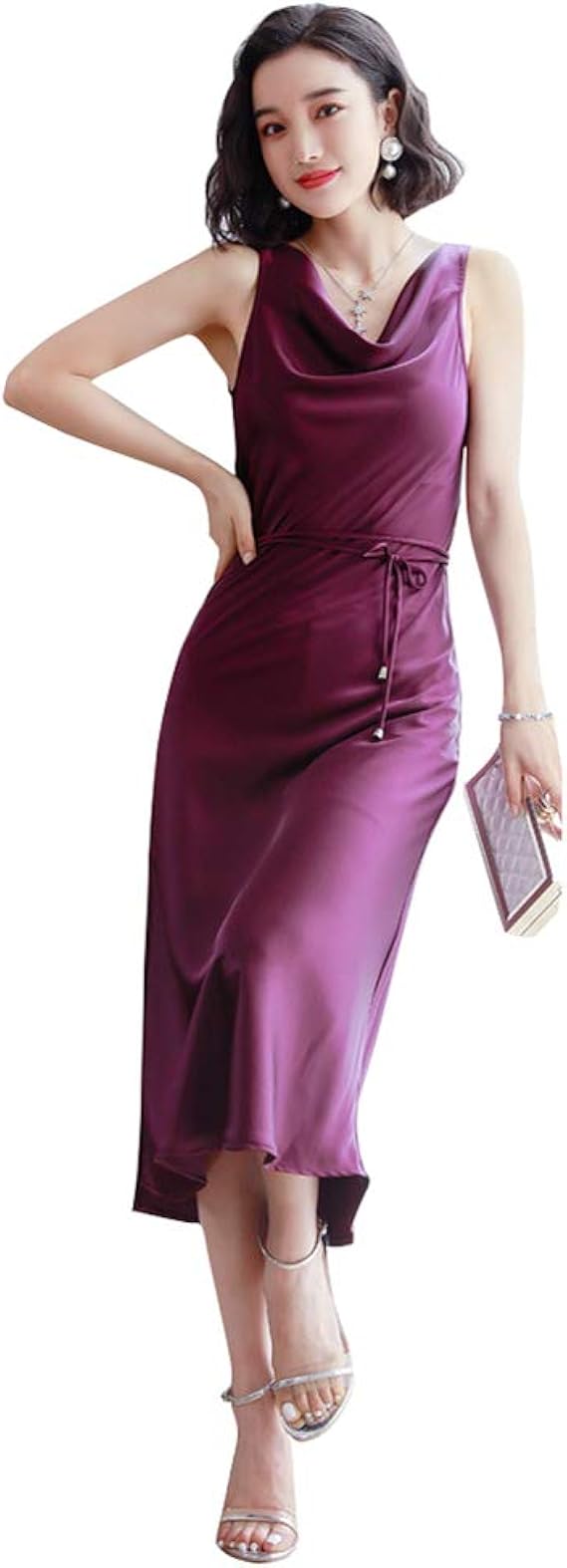 Amazon Rikouzy レディース ベスト ワンピース 気質サテン ドレス ロング丈 マキシ丈 無地 ルームワンピ 普段着 部屋着 パープル M ワンピース チュニック 通販