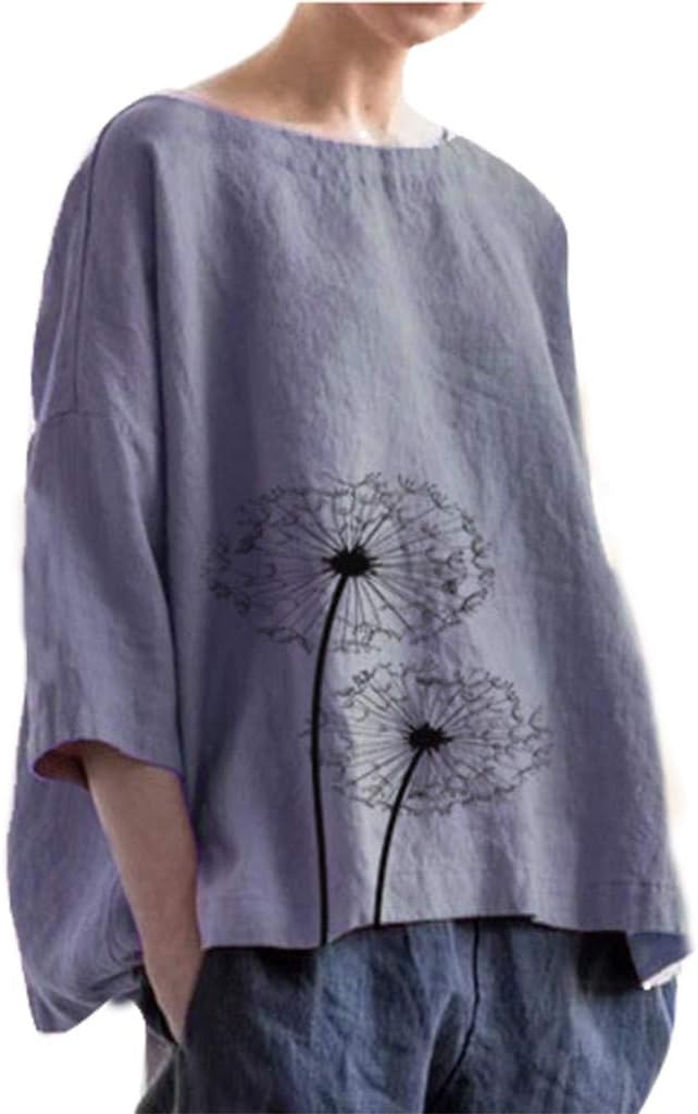 Women Casual Plus Size Solid Print Linen Loose Daily Blouse Beach Shirt Tops Tunic Pullover Casual Comfy Soft Solid Floral Slouchy Tee Top
