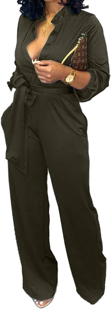 Yiershu Women's Sexy V Neck Jumpsuits Elegant Long Sleeve Button Down Straight Long Pants Business Romper with Pockets Belt