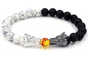 tqyzkh Bead Bracelets for Men and Women Natural Black Lava White Howlite Buddha Dragon Beaded Stone Bracelet Good Luck Charm Jewelry Gift Adjustable