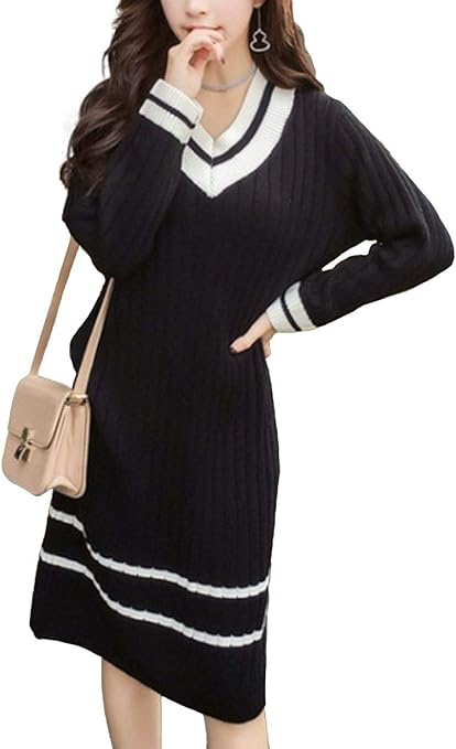 シーポン ネイビー ホワイ ト清潔感 すっきり ニット 長袖ワンピース ネイビー ワンピース チュニック 通販 Amazon