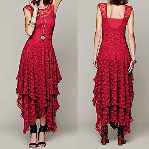 Sunmoot Cocktail Dresses,Women's Sexy Elegant Boho Lace Sleeveless Irregular Hem Double Layered Ruffled Trim Maxi Dress