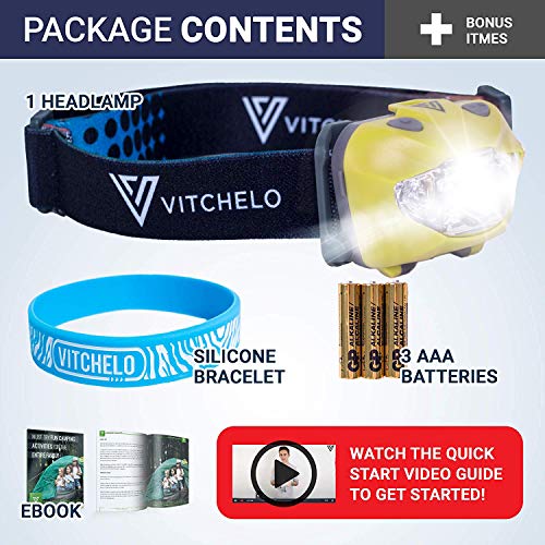 Vitchelo V800 Headlamp Flashlight with Red LED, Yellow