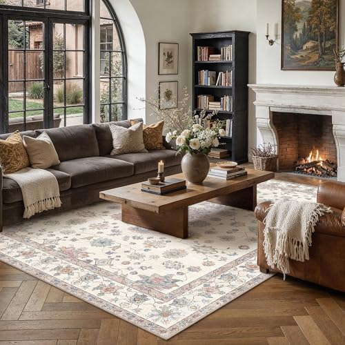 PureCozy Rugs Living Room 200x300cm Beige Washable Non Slip Large Vintage Area Bedroom Rug Bedside Nursery Lounge Office Playroom Indoor Big Carpet Low Pile Carpets Retro