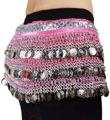 Multi-Row Silver Coins Belly Dance Wrap & Hip Scarf, Simple Classical Style -hot pink