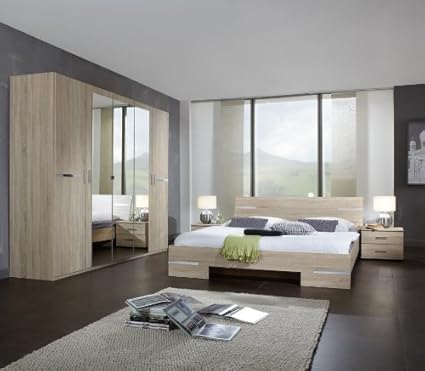 Germanica Bavari Bedroom Furniture Set With 5 Door Wardrobe Bed 2x Bedside Cabinets In Light Oak Colour Includes Full Assembly Service Made In