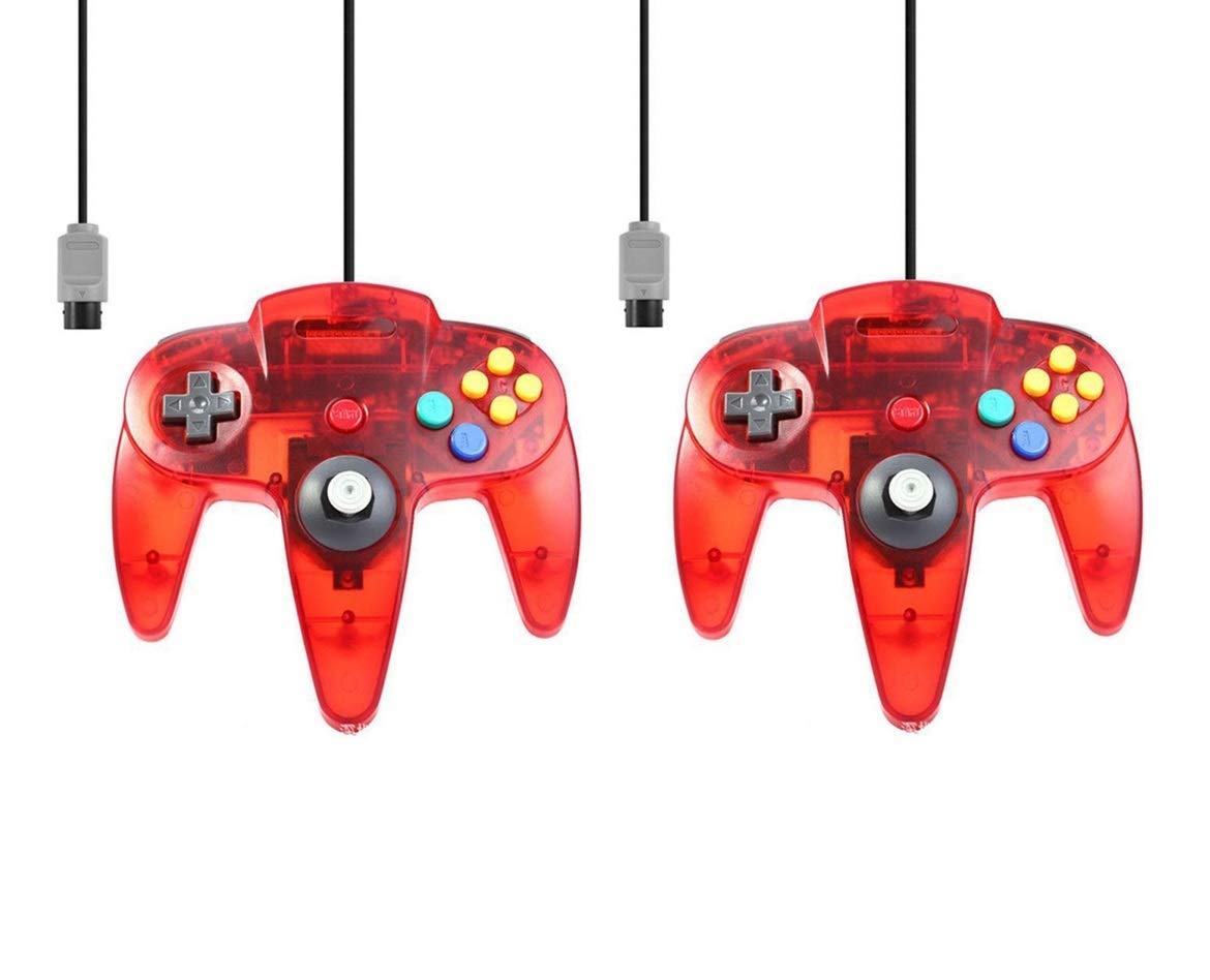 2 Controllers for Nintendo 64 N64 Red Transparent Wired Gamepad Joypad