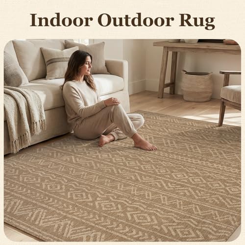 Outdoor Rug-Patio Rug Boho 5x7 ft Polypropylene Indoor Outdoor Rug for Porch Balcony Patio Outdoor Area Rug Easy Clean Non Slip Durable Outdoor Carpet Brown