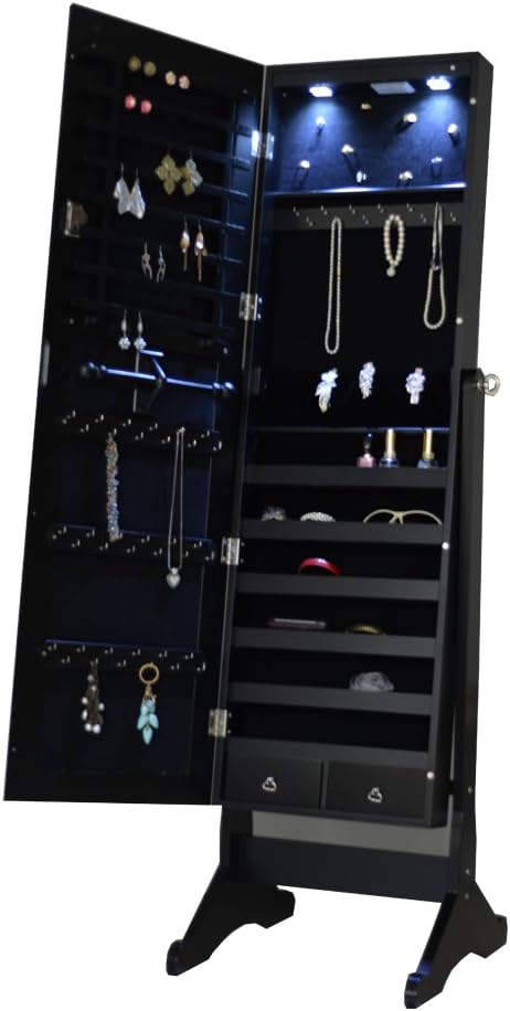 Facilehome Mirror Jewelry Cabinet Lockable Jewelry Armoire Closet Storage Organizer Lockable with LED Lights Floor Standing,Black