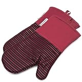 Silicone Oven Mitts 464 F Heat Resistant Potholders Striped Pattern Cooking Gloves Non-Slip Grip for Kitchen Oven BBQ Grill Cooking Baking 7x13 inch as Christmas Gift 1 pair (Red) by LA Sweet Home