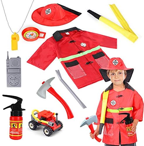 Qunan Fireman Costume Fire Chief Dress Up Pretend Role Play Kit Set with Rescue Tools Fire Fighter Outfit Fireman Toys Halloween Costume for Kids Boys Toddler Children