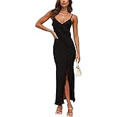 GRMLRPT Women Sexy V Neck Spaghetti Strap Mesh Ruffle Bodycon Backless High Slit Cocktail Party Beach Maxi Dress