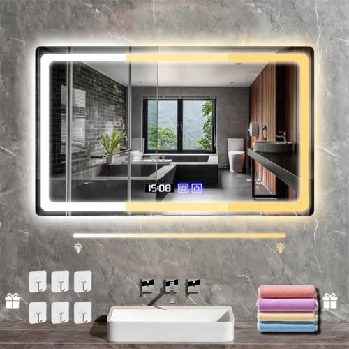 Espejo de Baño LED,Espejo Inteligente con Hora y Botones táctiles,Espejos para Baño con Ajustable en 3 Temperaturas de Color,Función de Memoria y Desempañado HD.Allaceryvva (Square 50x70cm)