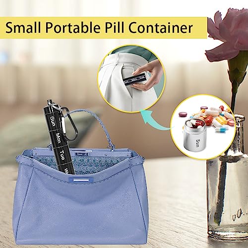 Metal Pill Holder, 2 Pack Small Portable Pill Container Travel Pill Box Waterproof Metal Pill Organizer Weekly for Travel (Black and Silver)