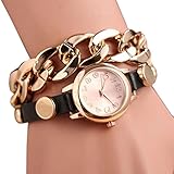 Doinshop Women Gold Dial PU Leather Chain Wrap Analog Quartz Wrist Watch Bracelet (Black)