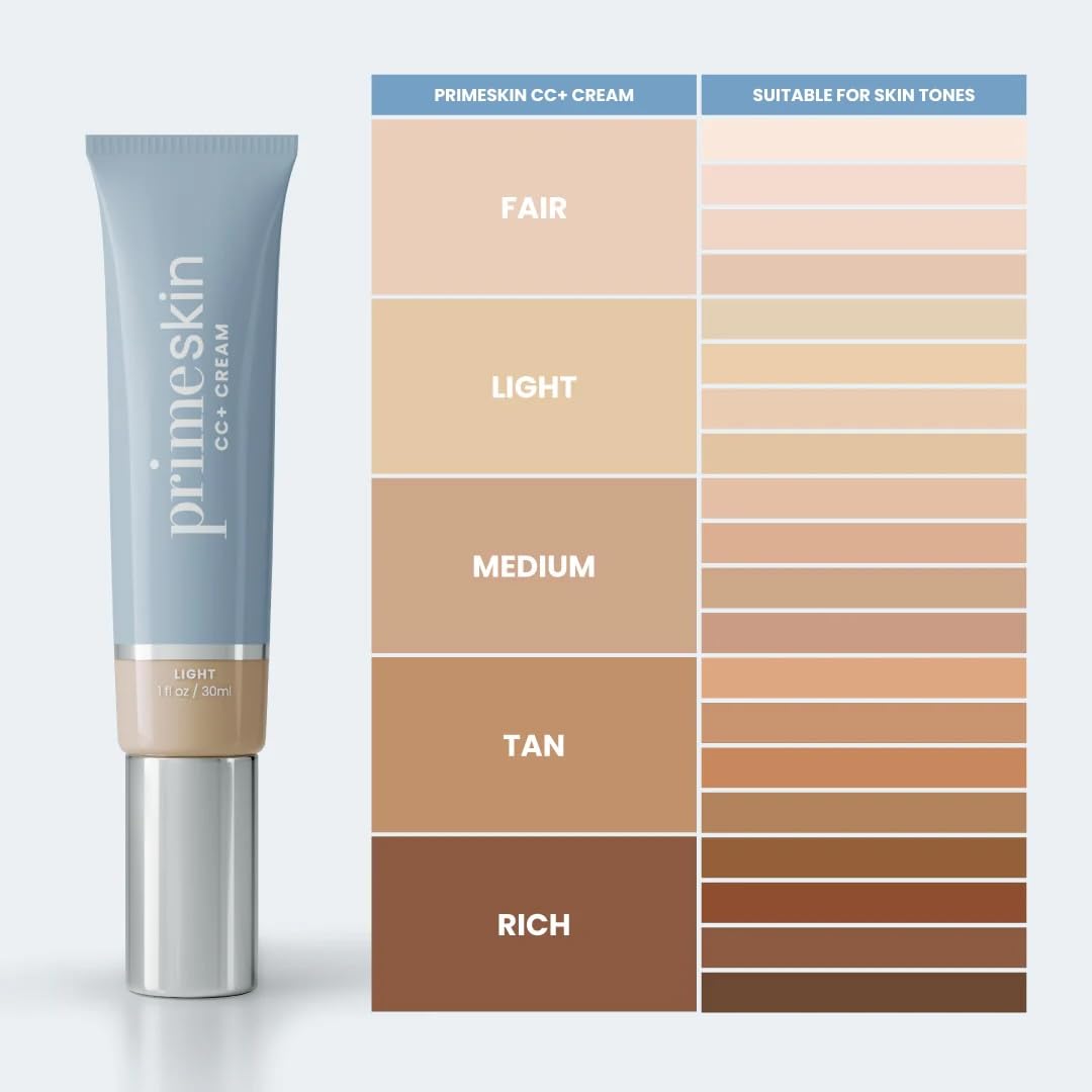 Prime Prometics PrimeSkin CC+ Cream for Mature Women – Lightweight Liquid-to-Powder Foundation – Blurs Pores & Covers Age Spots – Crease-Free, Hydrating & Soft-Matte Finish for Sensitive Skin (Light)