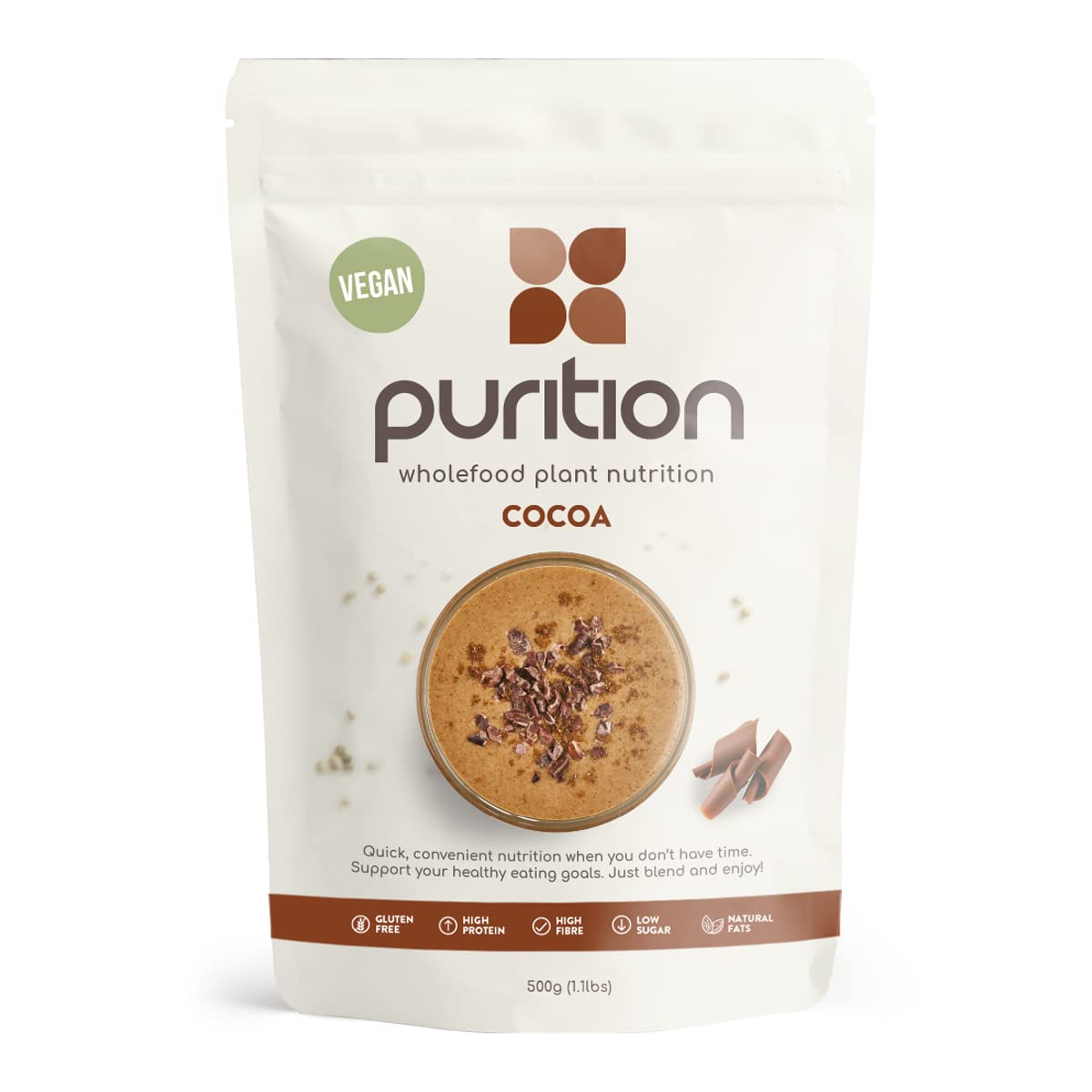 Purition Vegan Cocoa Large Bag | Premium Vegan High Protein Powder for Keto Shakes and Smoothies with Only Natural Ingredients for Weight Loss | 1 x 12 Meal Bag