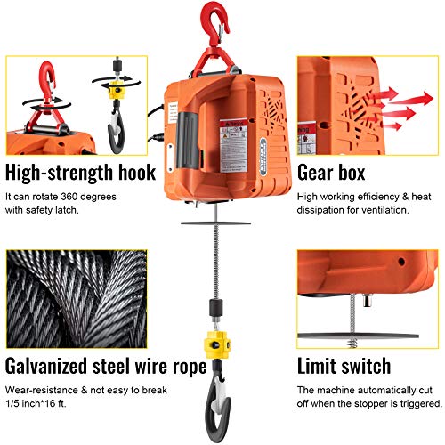 VEVOR 3-in-1 Hoist, 1100lbs Portable Electric, 1500W 110V Power Winch Crane, 25ft Height, w/Wire and Wireless Remote Control, Overload Protection for Lifting Towing, Orange - Image 5