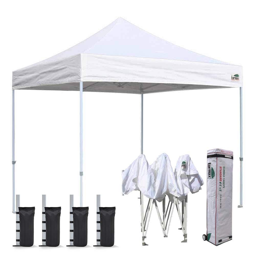 Eurmax 8'x8' Ez Pop Up Canopy Tent Commercial Instant Canopies with Heavy Duty Roller Bag,Bonus 4 Sand Weights Bags (White)