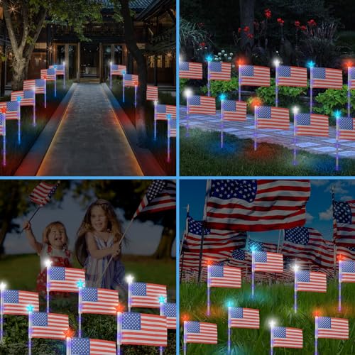 X-GiftKey 4th of July Decorations Outdoor American Flag Lights, 6-Pack Red White and Blue Solar Stars Lights with 6 USA Flags & 30LED,Bright Patriotic Pathway Lights for Memorial Day Yard Lawn Decor