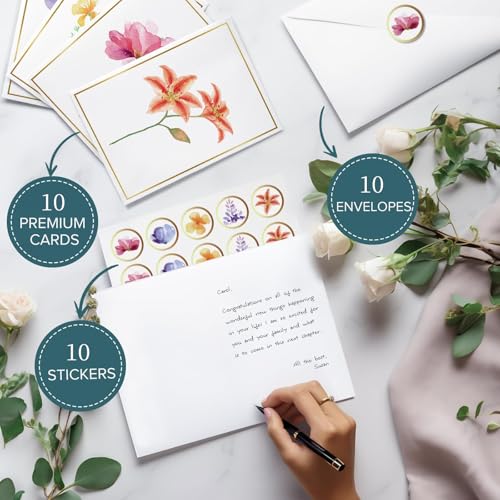 Uniiking® Blank Cards, 10 Pack Blank Greet Cards, Elegant Gold Foil Blank Note with Envelopes, Stationary Set for All Occasions, 5 Assorted Floral Designs