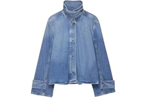 Women's Turtleneck Denim Jacket Long Sleeve Button Down Casual Jean Coat Tops