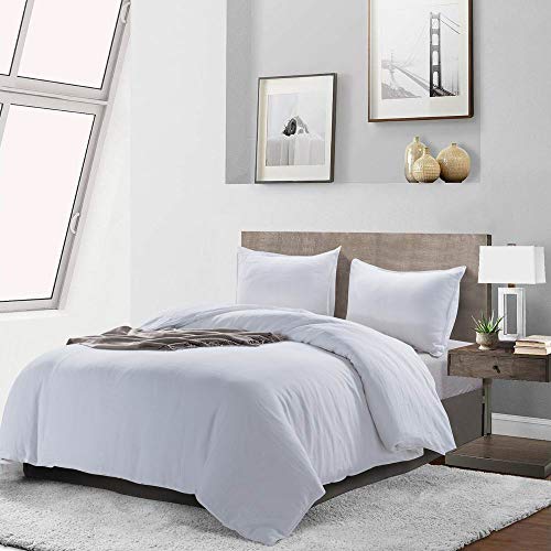 meadow park Stone Washed French Linen Duvet Cover Set 2 Pieces - Super Soft, Twin Size - 68 inches x 90 inches -Sham 20 inches x 26 inches, Basic Style, White Color