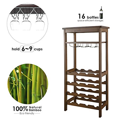 URFORESTIC Bamboo Wine Rack Free Standing Wine Holder Display Shelves with Glass Holder Rack, 16 Bottles Stackable Capacity for Home Kitchen (Retro...) - Thumbnail 6